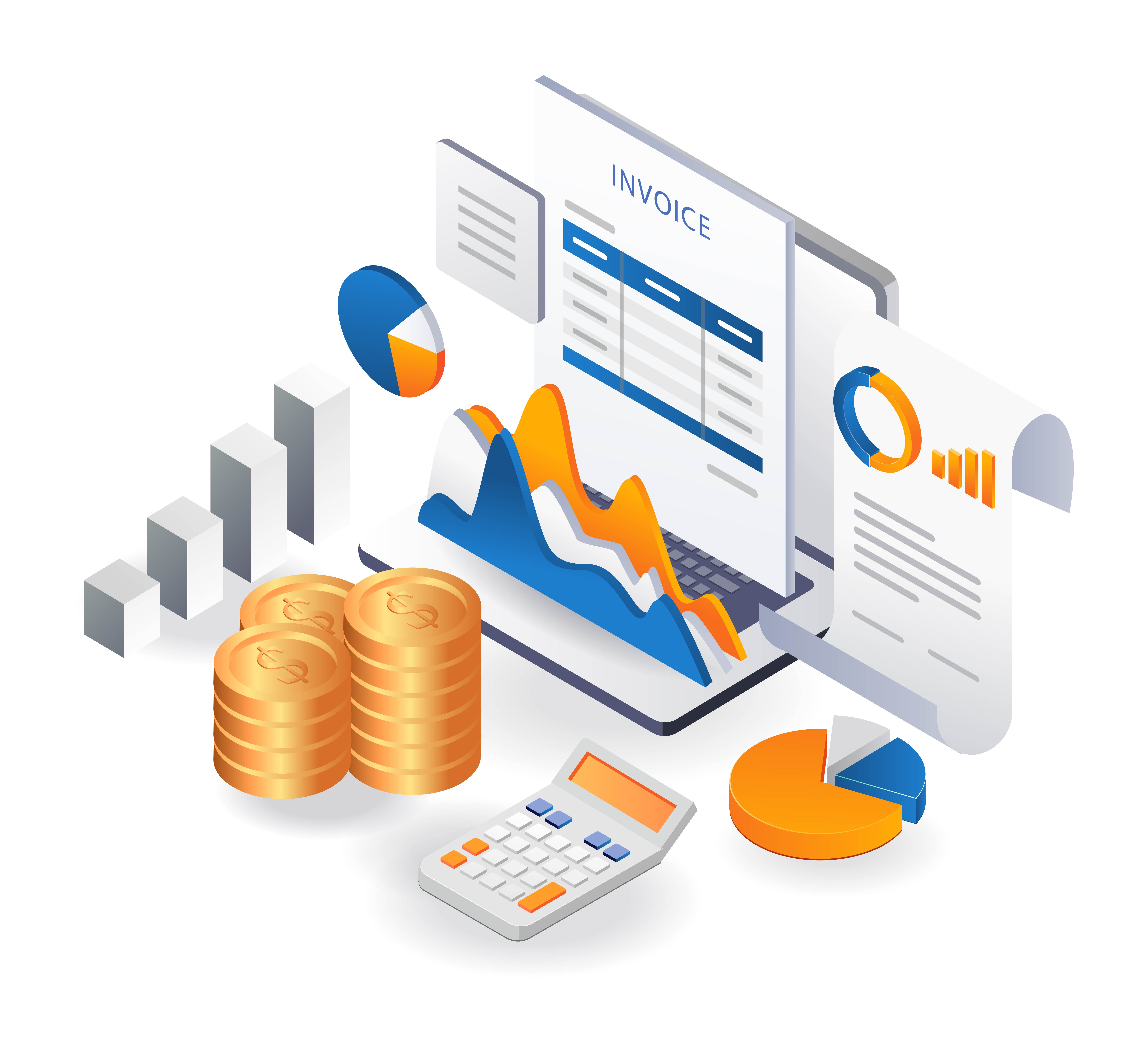 Isometric business data analysis, financial report, statistics and analytics. Vector illustration